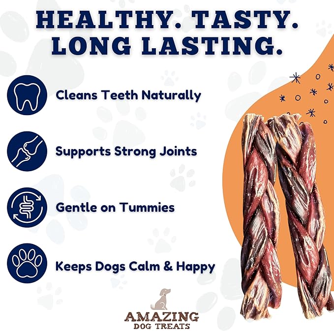 Amazing Dog Treats - 6 Inch Braided Gullet Stick (8 Pc/Pack) - Dog Jerky Treats - Beef Esophagus -Gullet for Dogs - Beef Esophagus Dog Treats