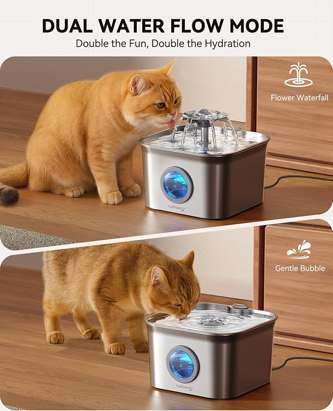 Stainless Steel Cat Water Fountain, 2.8L with 20dB Ultra-Quiet Pump- Ideal for Timid Pets, LED Water Level Window, Dishwasher Safe, 24/7 Circulation- Includes 6 Replacement Filters
