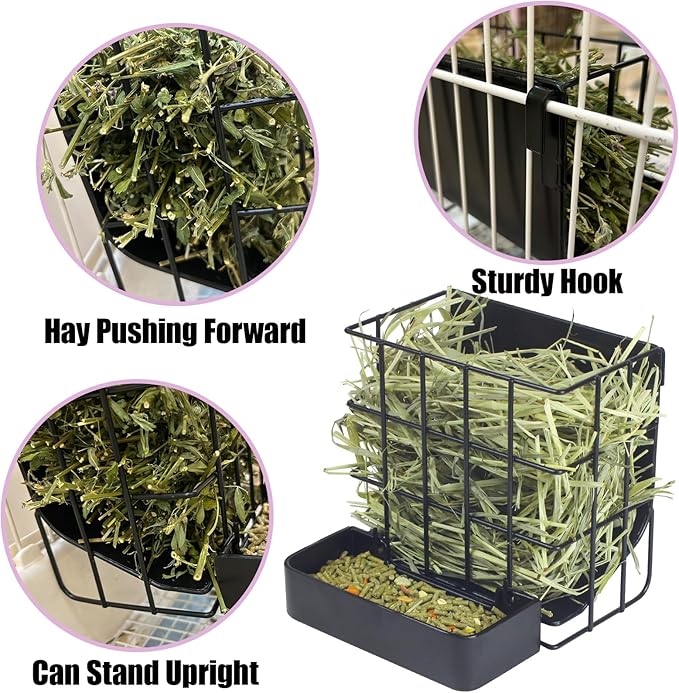 Rabbit Hay Feeder Guinea Pig Hay Feeder with Hook Heavy-Duty Metal Frame Upgrades Hay Rack，Reduce Waste Hay Holder,for Bunny,Rabbit,Chinchilla,Guinea Pig Cage Accessories-6.8x6.7x6.6inch（Black）