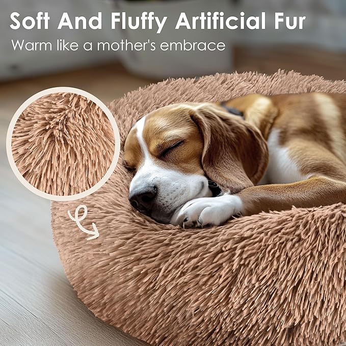 Dogs Bed for Small Dogs, Anti-Anxiety Washable Round Bed (Camel, 24.0" L x 24.0" W x 8.0" Th)