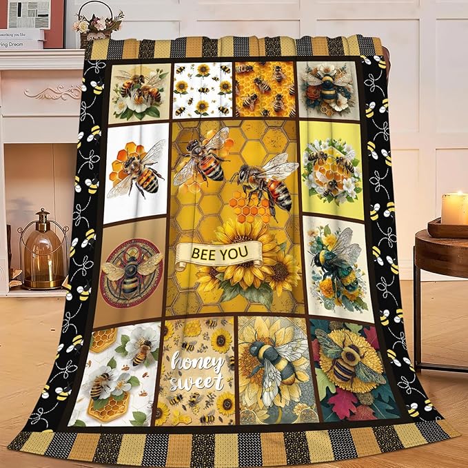 Bee Throw Blanket Bee Stuff Gifts for Kids Girls Boys Adults Women Men Soft Cozy Warm Plush Fluffy Fuzzy Fleece Blanket Decor 60''X80''