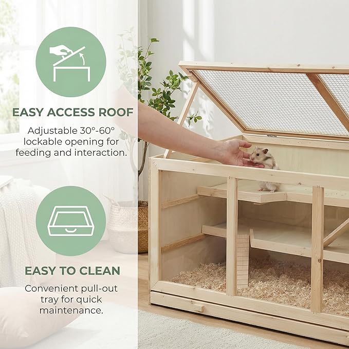 45" Extra Large Wooden Hamster Cage, Hamster Enclosure with Opening Roof & Multi-Levels, Extra Large Natural Habitat, Includes Ramps and Hut for Rabbit, Guinea Pig, Hedgehog Small Pets