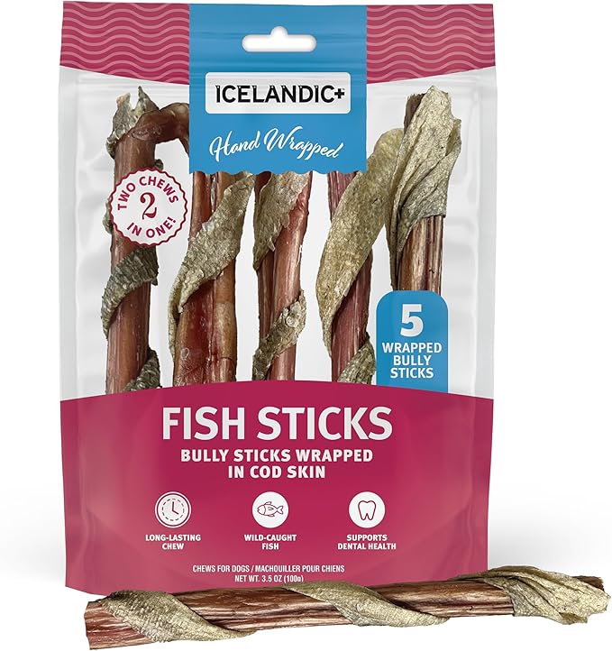 Icelandic+ Fish Sticks - Bully Stick Wrapped in Cod Skin - 5 Pack, 6" - Dog Treats, 2 Ingredient Chews, Hand-Wrapped Wild-Caught Fish, Pet Snacks