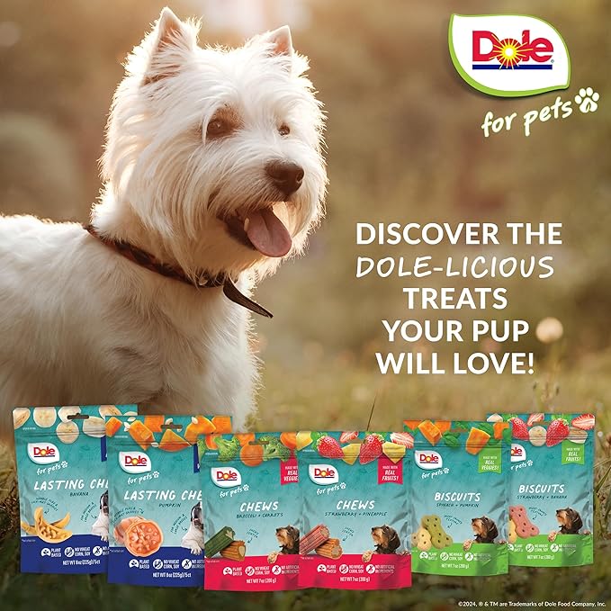 Dole for Pets Dog Chews, Assorted Strawberry + Pineapple Fruit-Flavored Treats, Real Fruit Flavor, No Artificial Colors Flavors or Preservatives, No Wheat Corn Soy, 7.05 Oz Bag