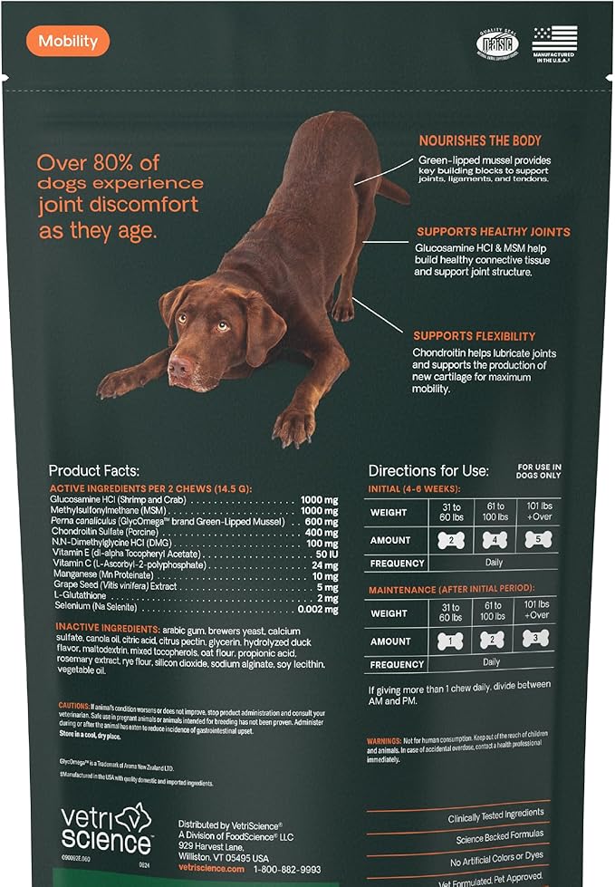 VetriScience Ultimate Strength Healthy Hip & Joint Chews, GlycoFlex Glucosamine, Chondroitin & GreenLipped Mussel Support Supplement for Dogs, Soothe Joint Discomfort, Duck,120 Ct (Pack of 2)