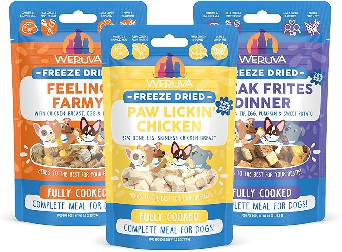Sampler of all Weruva Freeze Dried Dog Food Recipes, Feeling Farmy, Paw Lickin Chicken, and Steak Frites Dinner (3 Pack, 1oz Bags)