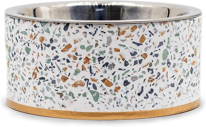 Pet Junkie Terrazzo Single Elevated Pet Bowl Stand with Removable Stainless Steel 16oz Inner Bowl for Small Dog Breed or Cat - Raised Dog Food or Water Station (Small, White)