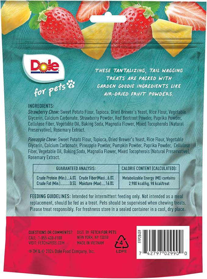 Dole for Pets Dog Chews, Assorted Strawberry + Pineapple Fruit-Flavored Treats, Real Fruit Flavor, No Artificial Colors Flavors or Preservatives, No Wheat Corn Soy, 7.05 Oz Bag - 6 Pack