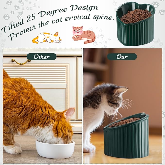Mumufy 2 Pcs Ceramic Elevated Cat Bowls Tilted Elevated Raised Pet Bowls Anti Vomit Cat Dish for Indoor Stress Free Water Dish Feeder for Puppies, Heart Shaped(Peacock Green)