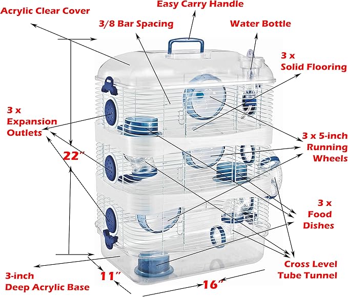 3-Solid Floor Levels Acrylic Clear Expansible and Customizable Syrian Hamster Habitat Rodent Gerbil Mouse Mice Cage Transparent