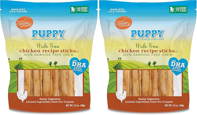 Canine Naturals Puppy Chicken and Rice Chew - Rawhide Free Puppy Treats - Made with USA Chicken - All-Natural & Easily Digestible of 5-Inch Sticks for Puppies,(Pack of 20)