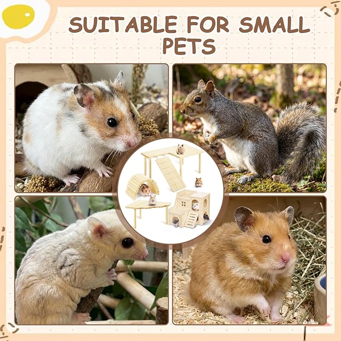 BreezeHug 4 Pcs Hamster Platform Hideout Wooden Tunnel Ladder Playhouse Hamster Game Climbing Toy with Platform Cage Accessories for Small Pets Dwarf Syrian Mice Degus Gerbils Squirrel(Loft)