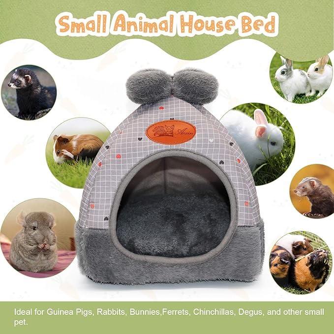 YUEPET Bunny Bed Warm Guinea Pig Cave Beds Cute Bowknot House Big Hideouts Cage Accessorie for Dwarf Rabbits Hamster Bunny Ferrets Rats Hedgehogs Chinchilla (Grey Grid)