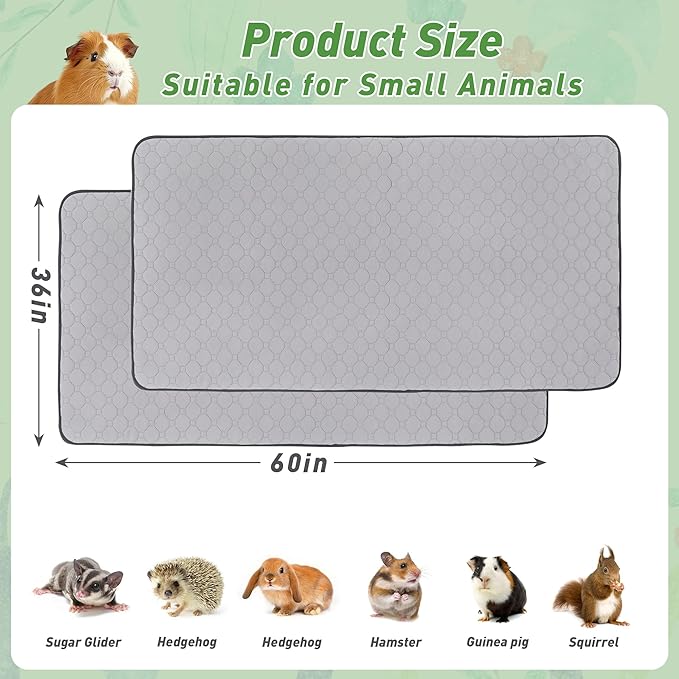 Guinea Pig Cage Liners, 36''X60'' Washable Guinea Pig Pee Pads, Non Slip Reusable Super Absorbent Guinea Pig Training Mat Bedding Fleece for Small Animals Hamster Rabbit Chinchilla Rat, 2Pack