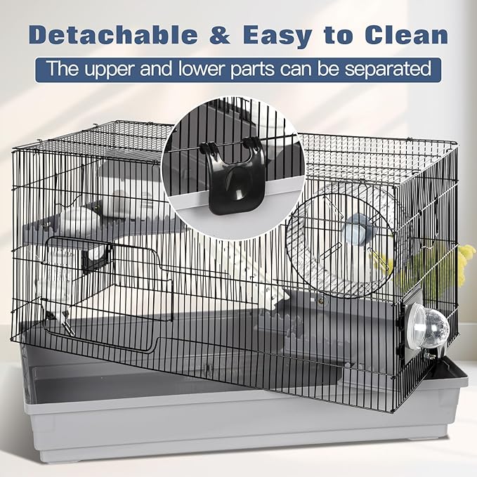 Multilevel Hamster Cage Starter Kit 22″Lx12″Wx15″H for Single Hamster Under 5″ in Body Length with Platforms, Exercise Wheel, Hide-House, Water Bottle, Bathtub, Food Bowl, Ladder, Tube Ports