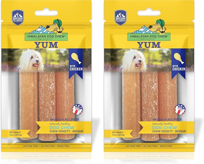 Himalayan Dog Chew Yak Cheese Dog Chews,Lactose Free & Grain Free,USA Made,for All-Dog Breeds,Medium Density Cheese Chew,Resealable Pouch with 3 YUM Treats,Chicken Flavor,(Pack of 2)