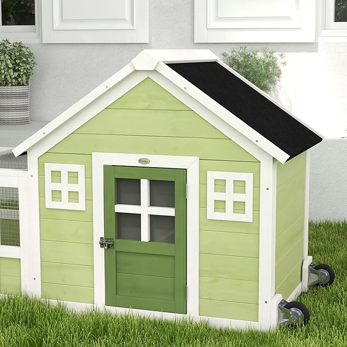 PawHut Rabbit Hutch, Outdoor Rabbit Cage or Guinea Pig Cage with Asphalt Roof, Handle, Wheels, 64 Inch Wooden Bunny Cage for Rabbits, Chickens, Ducks, Small Animals, Multicolor