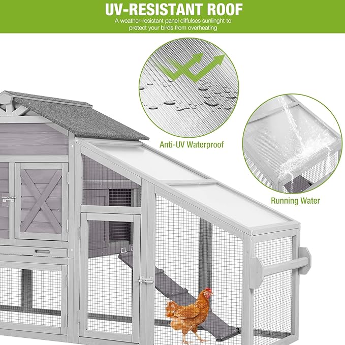 GUTINNEEN Mobile Chicken Coop for 2-4 Chickens with Wheels, Expandable Large Hen House with Run, UV-Protected Roof, Divided Nesting Boxes, Easy One-Person Move, Grey