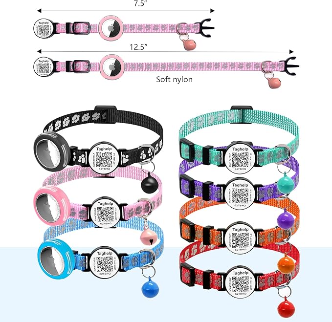 Waterproof Breakaway Cat Collar with Paw Prints - Secure Apple AirTag Holder, Smart QR Code Tag for Instant Location Alerts (No App), Adjustable GPS Tracker Collar for Cats (Pink)