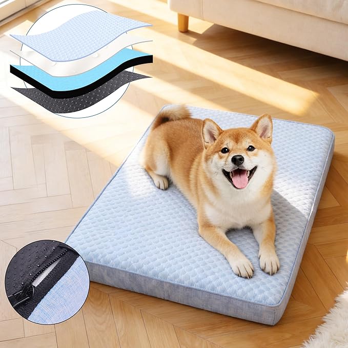 Cooling Dog Beds for Dogs, Orthopedic Memory Foam Dog Bed，Washable Pet Beds for Crate with Faux Fur Cover, Waterproof Lining (Blue, XX-Large: 50" x 34" x 5")