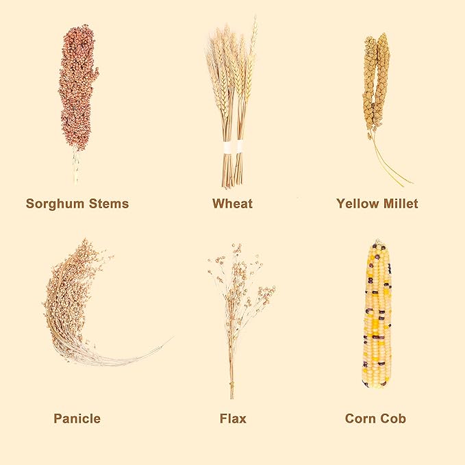Sprays Set = Wheat + Flax + Yellow Millet + Panicle Millet + Corn Cob + Sorghum Stems, Pet Habitat Bedding Decor, Natural Hamster Chews Accessories, for Gerbil, Mice, Guinea Pig, Chinchilla, 6 Sprays