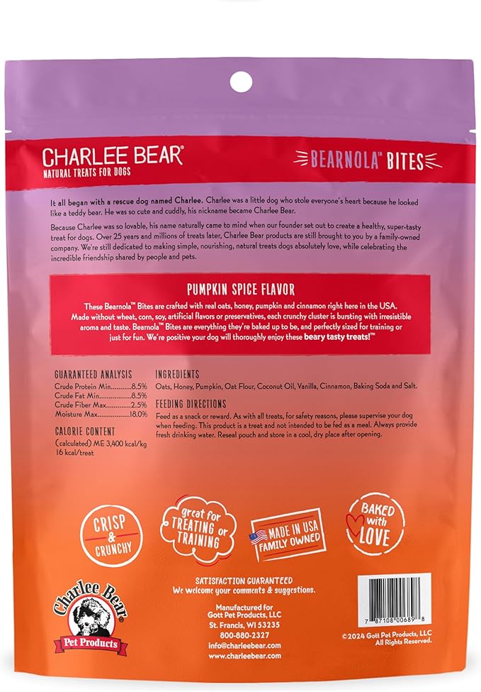 Charlee Bear Crunchy Dog Treats, Bearnola Bites Pumpkin Spice, Puppy Training Treats, Vegan Dog Snacks, 8 oz Bags (2), Made USA