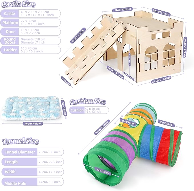 HIIMALEX Castle&Tunnel&Bed 3-in-1 Bunny's Gift Box: Extra Large Wooden Bunny Hideout with Ramp, Collasiple Tunnel and Soft Bed for Rabbit Guinea Pig Ferret Gerbil Hedgehog to Play Hide and Rest