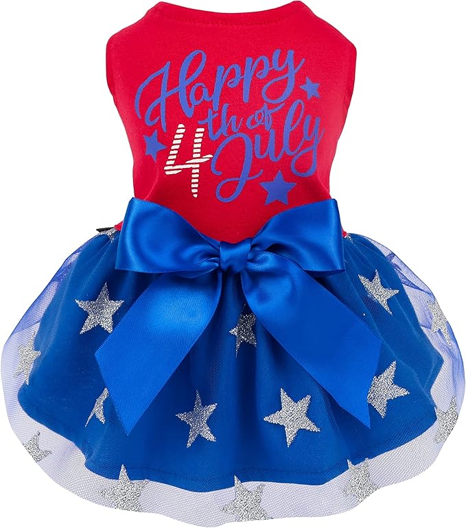 Fitwarm Happy 4th of July Dog Tulle Dress, Patriotic Dog Clothes for Small Dogs Girl, Red and White Star Pet Outfit, Red, Royal Blue, XXSmall