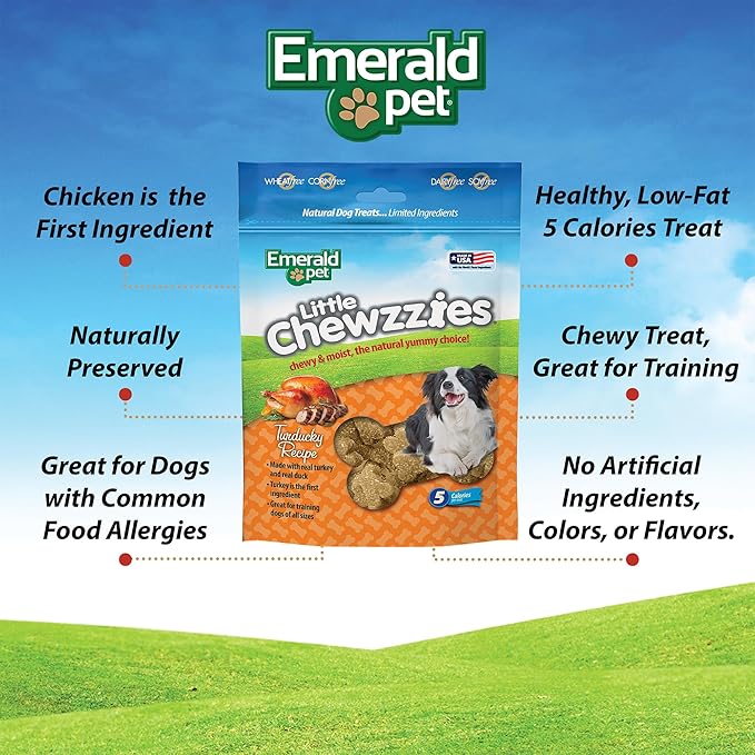 Emerald Pet Little Chewzzies Wheat Free Training Dog Treats — Healthy and Tasty Natural Dog Chews with Real Meat or Peanut Butter — Limited Ingredient Dog Treats Made in The USA — Turducky, 5 oz