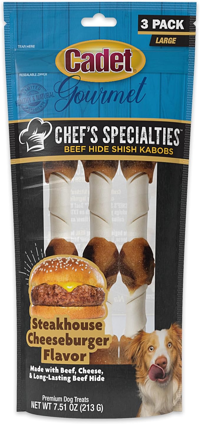 Cadet Chef's Specialties Natural Rawhide Shish Kabob Chew Sticks, Steakhouse Cheeseburger Flavor, Healthy Dog Treats for Large Breeds, 3 Count