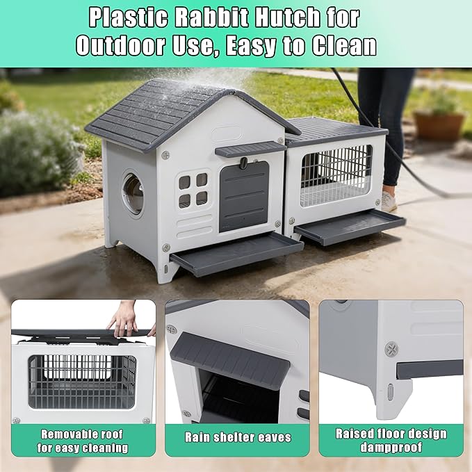 Rabbit Hutch Indoor & Outdoor with Extended Play Area, Plastic Rabbit Hutch with Sloped Roof Drainage, Panoramic Windows, Urine Barrier & Pull-Out Tray, Rabbit Cage Easy to Clean and Assemble