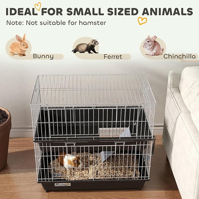PawHut 2-Tier Small Animal Cage, Chinchilla Ferret Cage Indoor with Dish and Bottle, 2 Doors, Deep Bottoms, Ramp, 28", Black