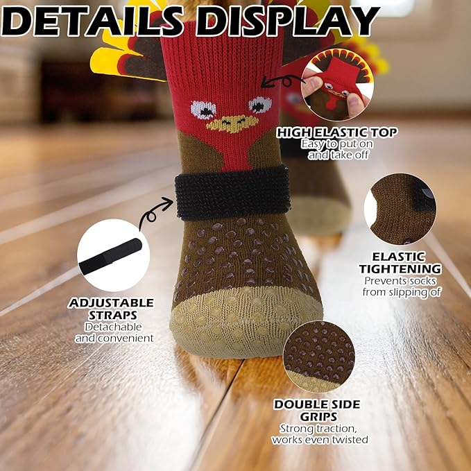 EXPAWLORER Thanksgiving Anti Slip Dog Socks to Prevent Licking Paws,Boots & Paw Protectors with Grippers,Doggie Booties for Hardwood Floors for Small Medium Large Senior Dogs Lifelike Costume Turkey S
