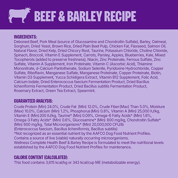 Wellness Complete Health Dry Dog Food, Wholesome Grains, Natural, Beef & Barley Recipe, (26-Pound Bag)