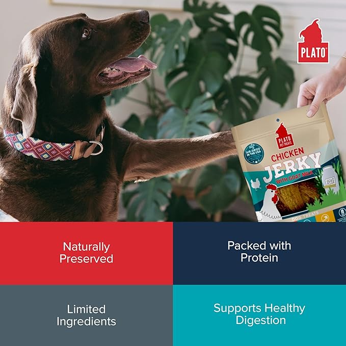 Plato Pet Treats Jerky Dog Treats - Air-Dried Jerky for Dogs - Delicious, Real Meat Dog Treats - Grain Free - Supports Healthy Digestion - Chicken Jerky with Goat Milk 16oz