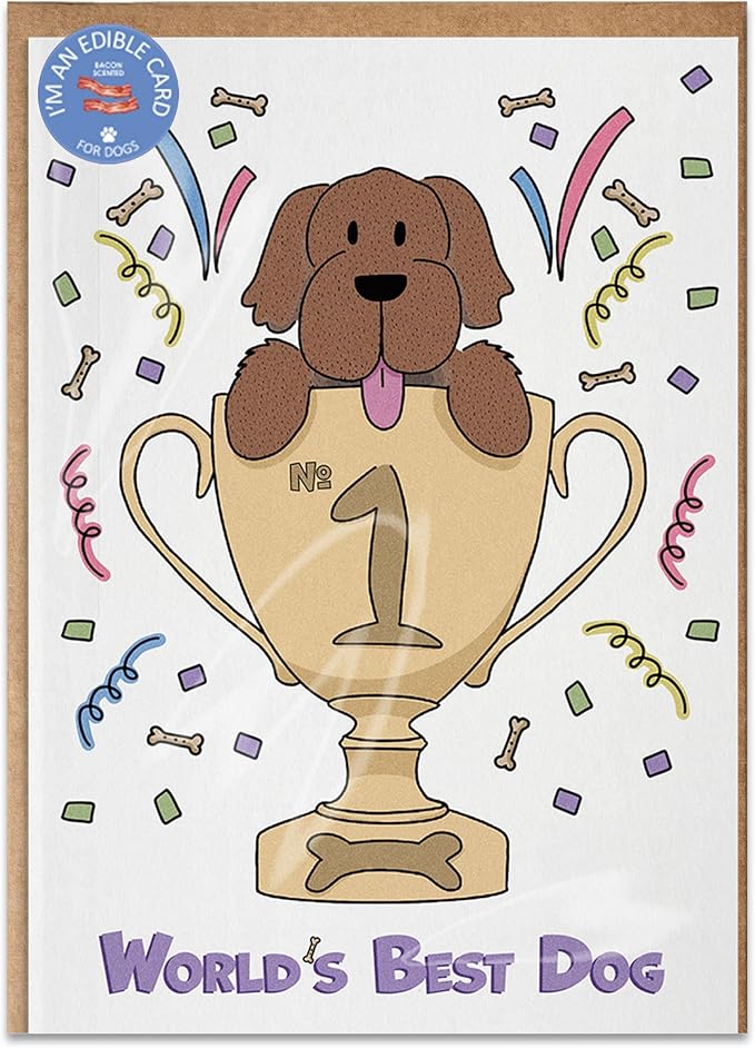 Poochie Post Edible Greeting Card for Dogs, Bacon-Flavored Dog Treat Gift with Edible Ink Pen, "World's Best Dog" Design, Gluten & Grain Free, Made in USA
