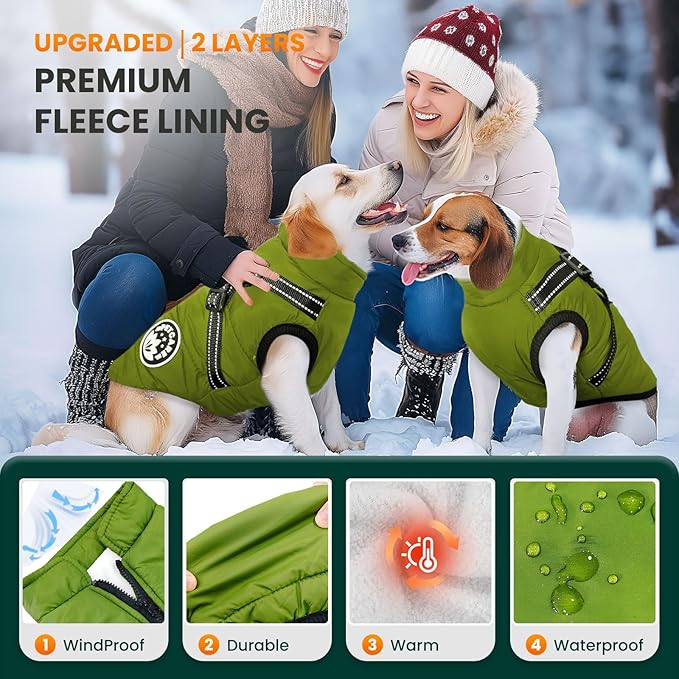 PETCARE Winter Dog Coat with Harness Built in Waterproof Dog Jackets Warm Pet Fleece Vest Windproof Snow Jacket Snowsuit Reflective Dogs Cold Weather Coats for Puppy Small Medium Large Dogs Cats