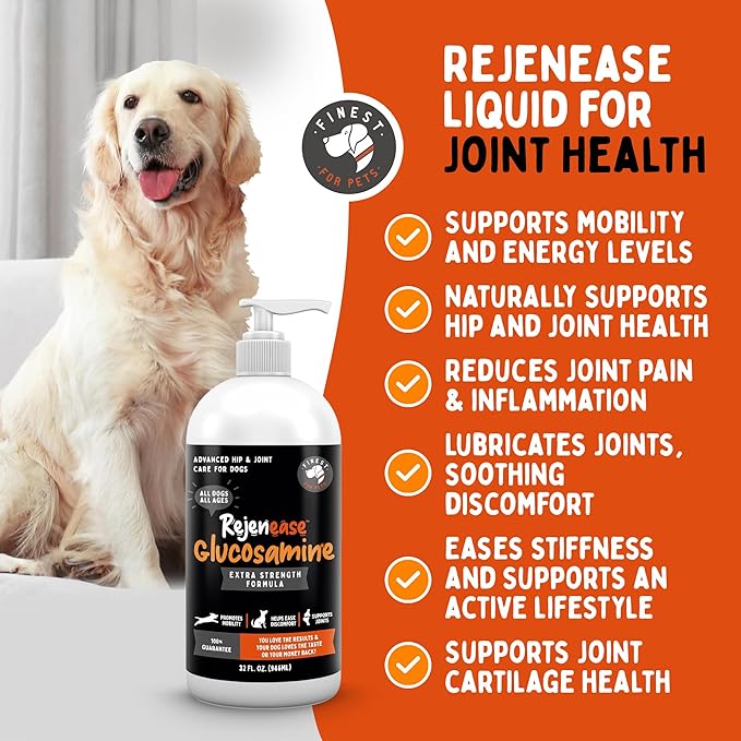 Liquid Glucosamine for Dogs with Chondroitin, MSM & Hyaluronic Acid (32oz). Hip & Joint Supplement Supports Better Mobility & Promotes New Cartilage. Eases Joint Stiffness. Rejenease, Made in USA