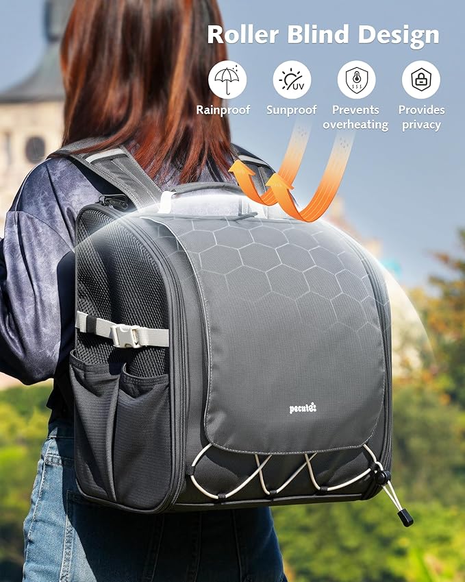 Pecute Small Pet Carrier, Breathable Small Animal Carrier with Transparent Bubble & Steel Frame, Safety Lock for Hamster, Rabbit, Bearded Dragon, Guinea Pig, Parrot, Ideal for Hiking, Vet Visits, Gray