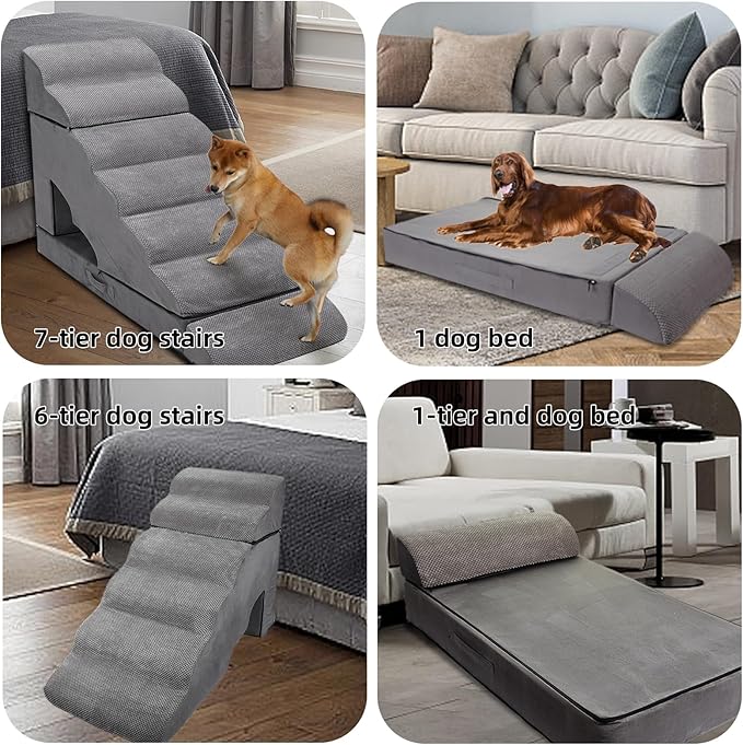 7-Step Dog Stairs for High Beds 30-36 inches, Dog Steps for High Bed Couch, Tall pet Stairs for high beds for Small, Older Pets, Non-Slip Balanced Pet Ramp Indoor, Grey