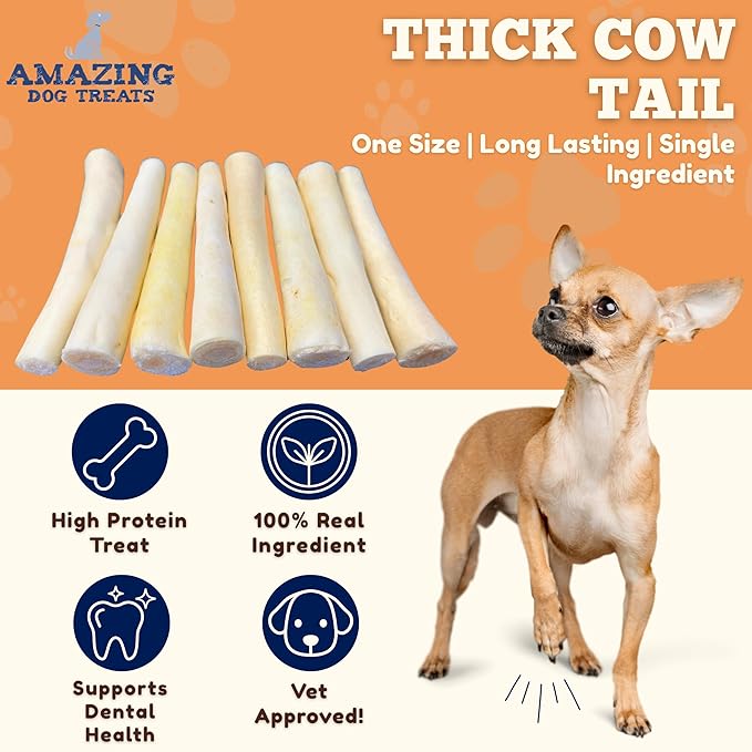 Amazing Dog Treats - 6 Inch Cow Tail Dog Chew- Thick - (20 Pcs/Pack) - Premium Quality - Sourced from Grass Fed Cattle - Long Lasting Dog Chew- Rawhide Alternative