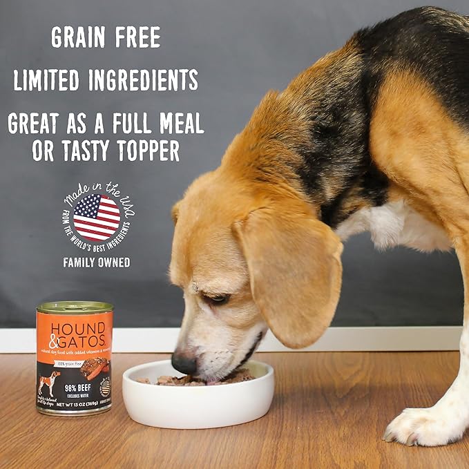 Hound & Gatos Wet Dog Food, 98% Real Meat, Single Protein Beef Recipe, High Protein, Supports Digestive Health, Limited Ingredients, Grain Free 13 oz. Cans (Pack of 12)