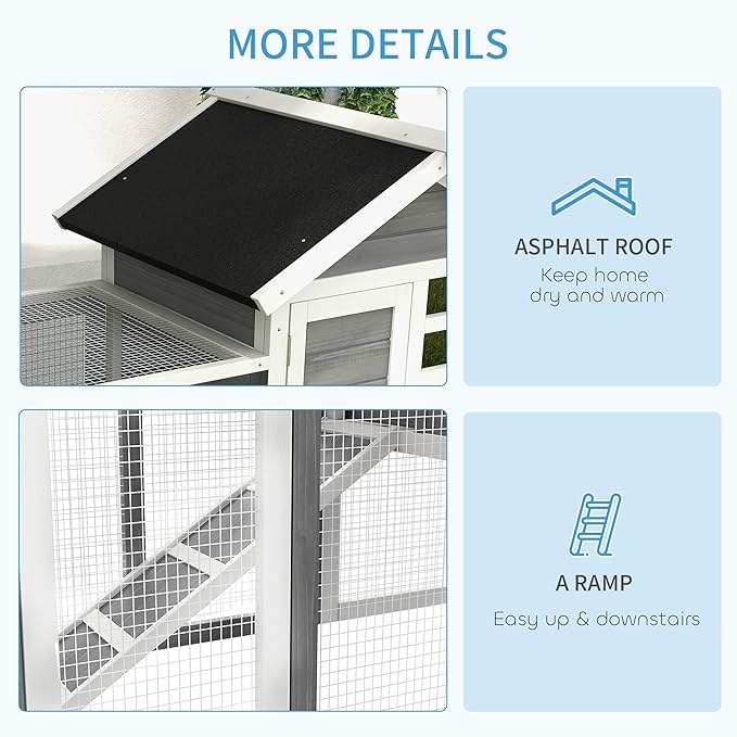 PawHut 49" Wooden Rabbit Hutch Bunny Cage with Waterproof Asphalt Roof, Fun Outdoor Run, Removable Tray and Ramp, for Rabbits, Chickens, Ducks, Gray