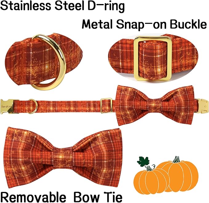 Unique style paws Cotton Dog Collar with Bow Autumn Puppy Collar with Halloween Orange Brown Grid for Small Medium Large Boys Girls Dogs