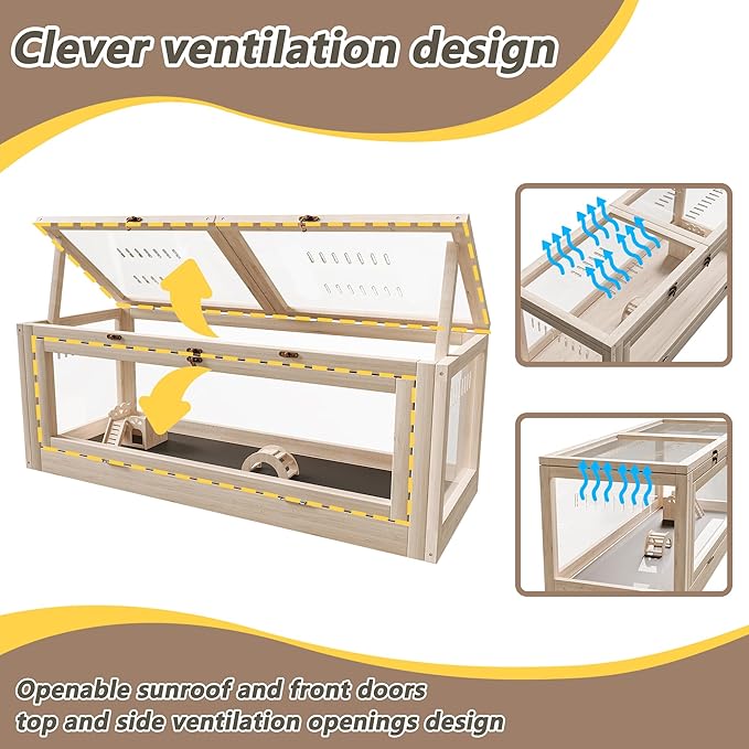 Wooden Hamster Cage with Small House and Bridge, Small Animal Habitat with Lockable Design, Openable Top and Front Doors for Gerbil, Guinea Pig, Rat, 32" L x 16" W x 16" H