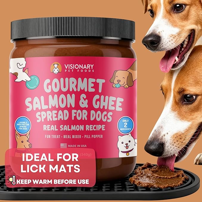 Visionary Pet Foods Salmon Meat Spread - Healthy Dog Treat - Alternative to Dog Peanut Butter, Xylitol Free, No Sugar and Filler Free - Use on Lick Mat, Food Mixer, Pill Pockets - 12oz Jar