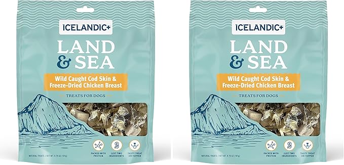 Icelandic+ Land & Sea Wild Caught Cod Skin & Freeze-Dried Chicken Breast -6.75oz Bag, Dog Treat & Food Topper, 2 Ingredient, No Preservatives, Natural (Pack of 2)
