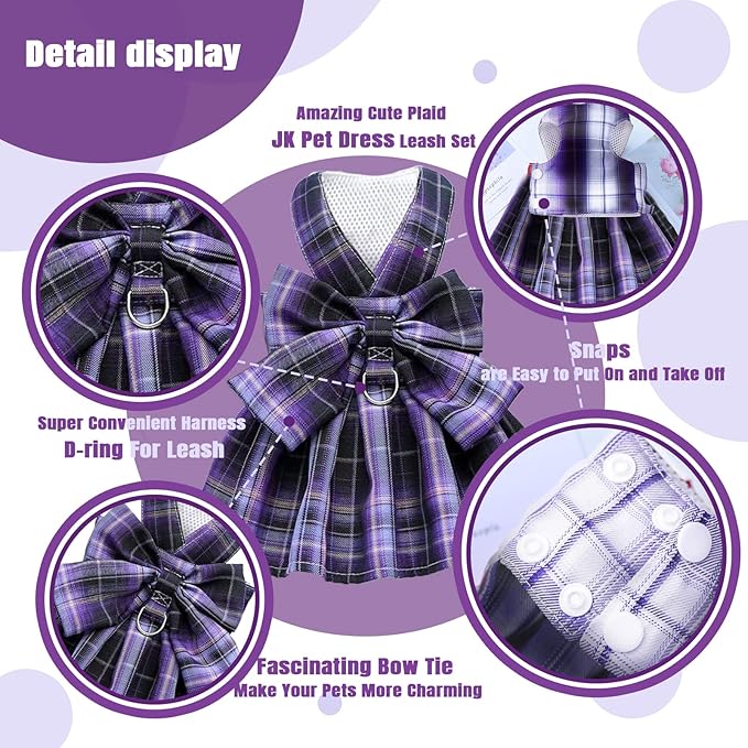 PETCARE Plaid Dog Dress Bow Tie Harness Leash Set for Small Dogs Cats Girl Cute Princess Dog Dresses Spring Summer Puppy Bunny Rabbit Clothes Chihuahua Yorkies Pet Outfits