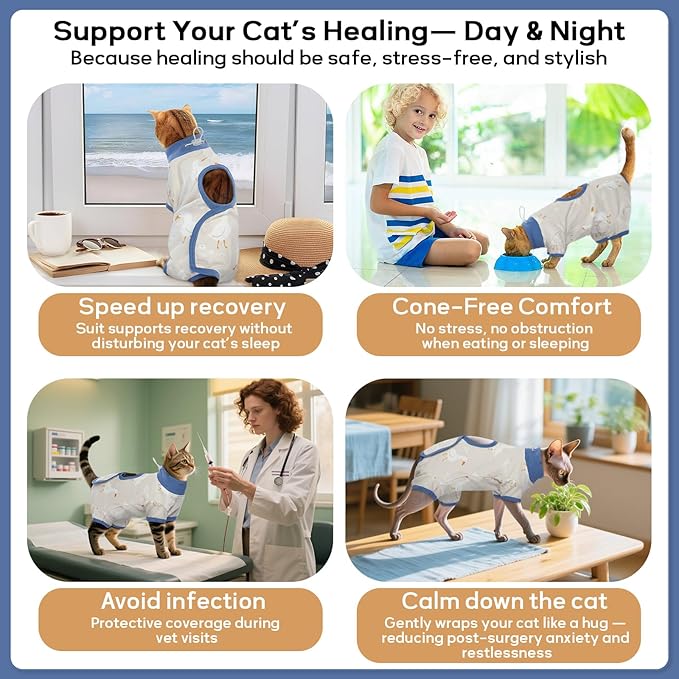 QBLEEV Cat Recovery Suit for Post Surgery, Spay Neuter Suit for Cats, Soft Stretchy Cotton Cat Onesie for Skin Diseases, Anti-Lick Surgical Shirt Pajamas for Abdominal Wound, Kitten Cone Alternative