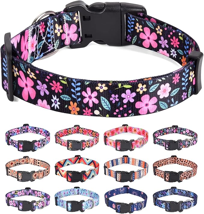 Dog Collars With Floral Print, Soft Comfortable Adjustable for Small Medium Large Dogs, Pattern for Girl Boy Dogs (Floral, S)